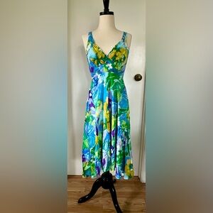 Jams World Vista Dress Vibrant Blue, Green & Yellow Floral Long V-Neck Size S